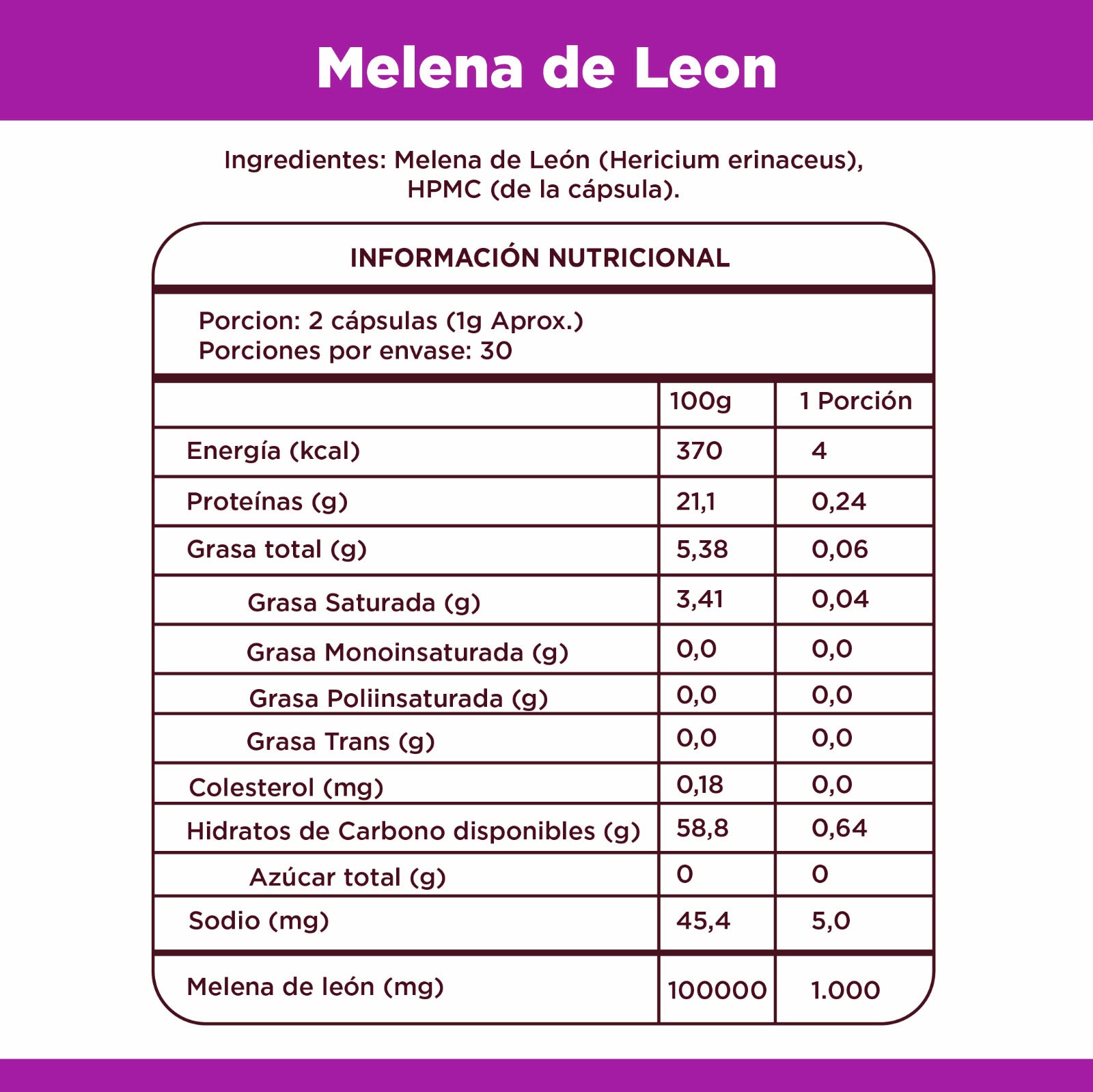 Melena de Leon en Cápsulas Vegetales – 60 Unidades