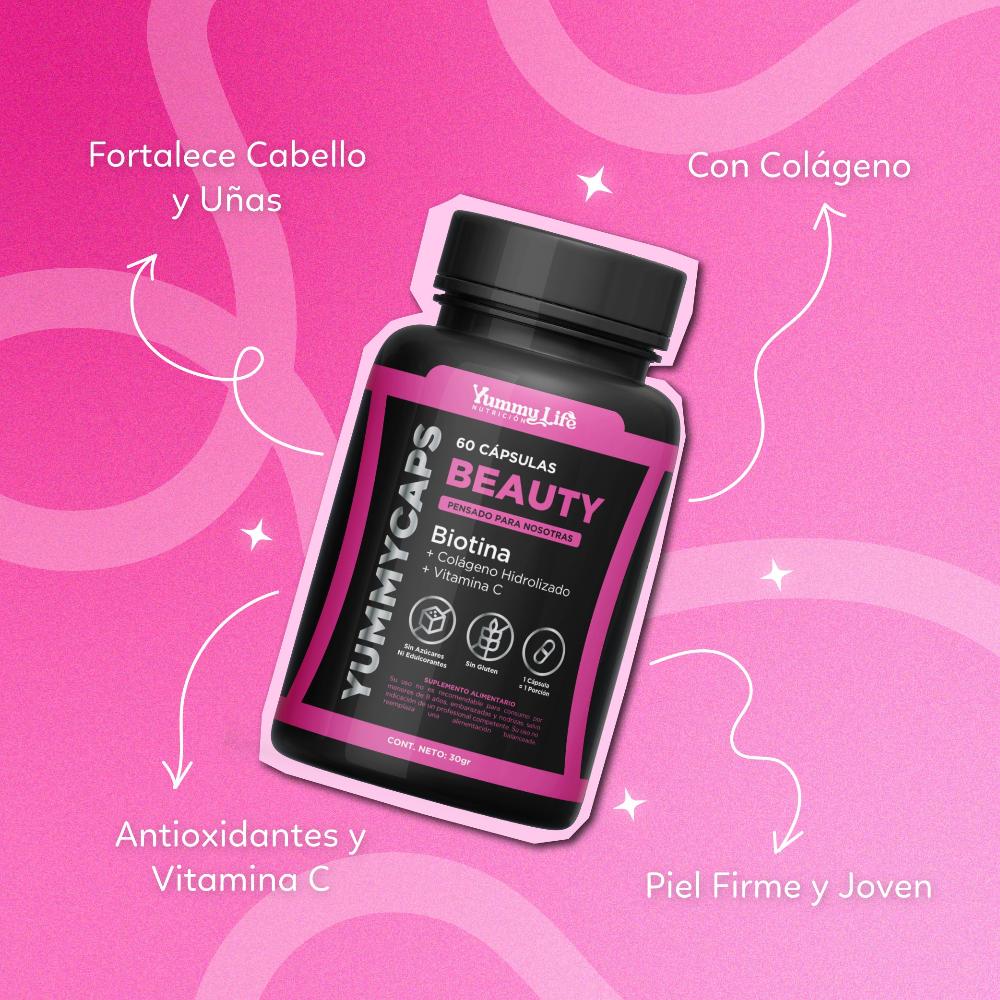 Yummycaps Beauty Biotina + Colágeno + Vitamina C, para el cabello, piel y uñas